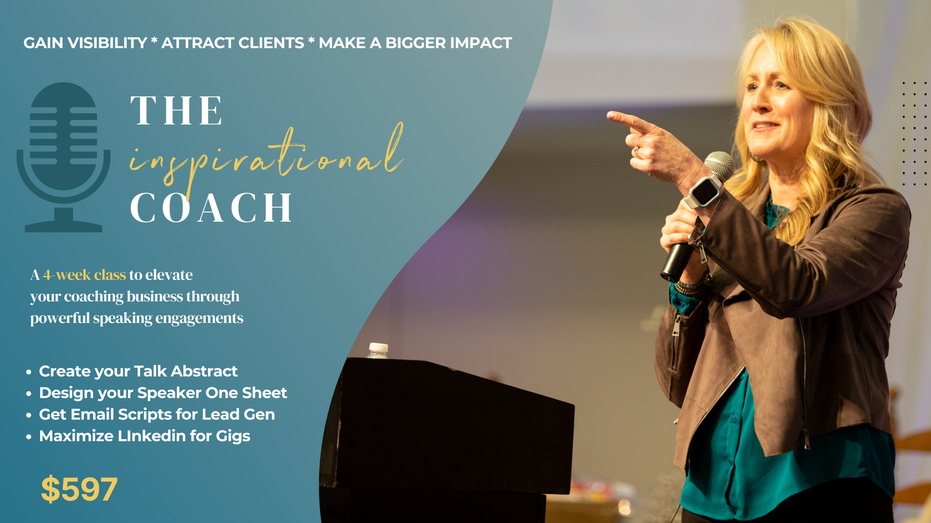 Keynote promo with woman speaking on stage beside large mic graphic and event details, price $597
