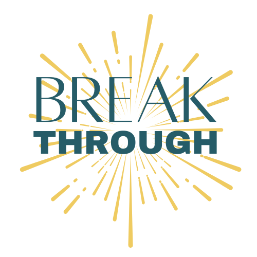 Breakthrough text in teal with gold sunburst lines on a white background