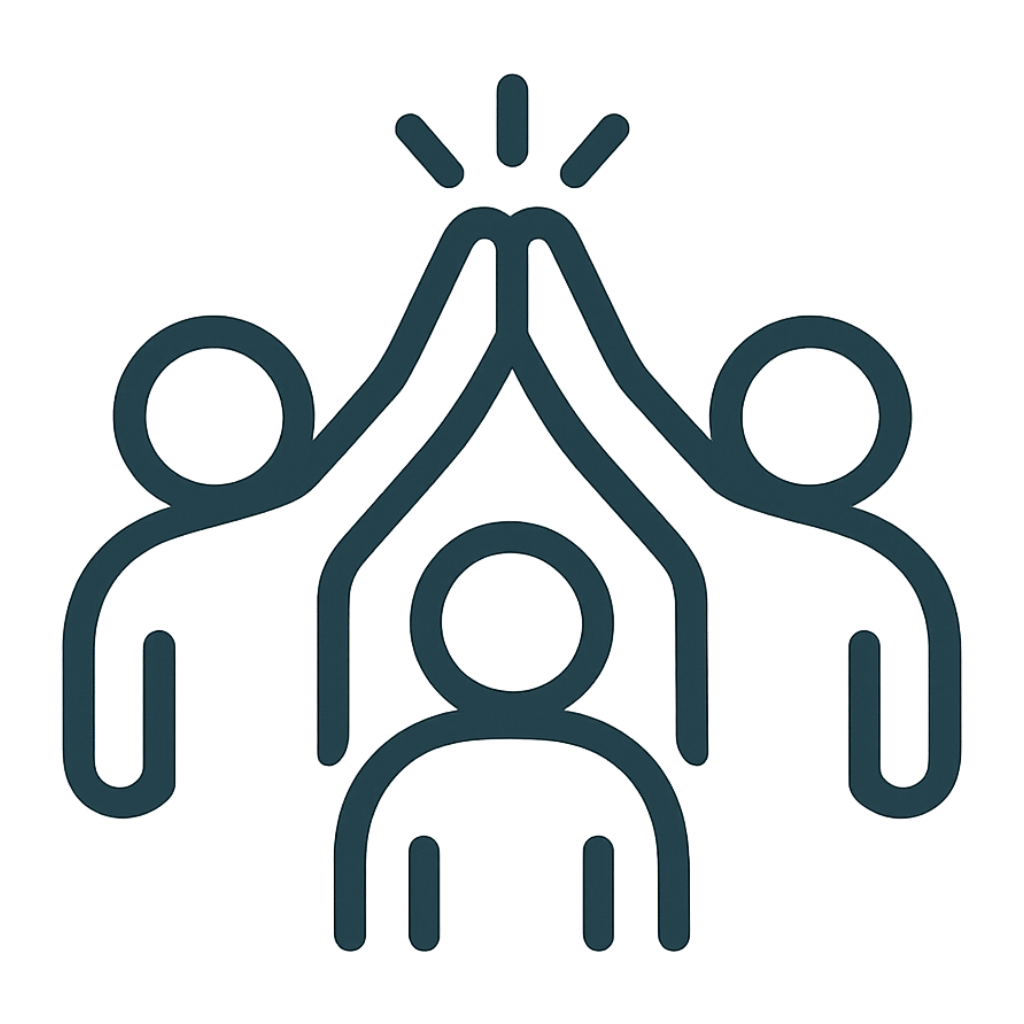 Three abstract people under a roof shape, reaching up with hands together in teal outline