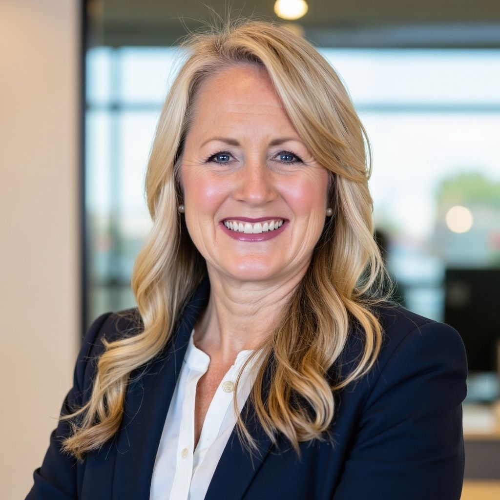 Smiling blonde woman in a navy blazer in a bright office setting