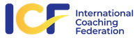 ICF logo with blue and gold letters, reading International Coaching Federation