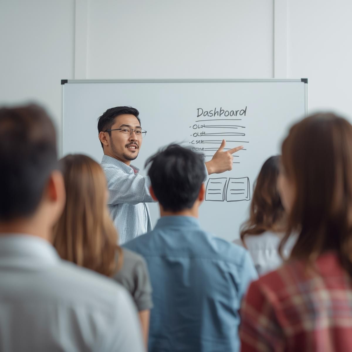 Presenter pointing at a whiteboard during a team meeting, with audience members seated in front.