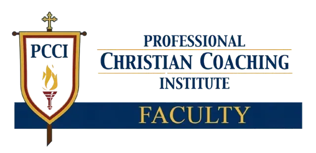 Professional Christian Coaching Institute faculty logo with shield, cross, torch, and blue-gold text