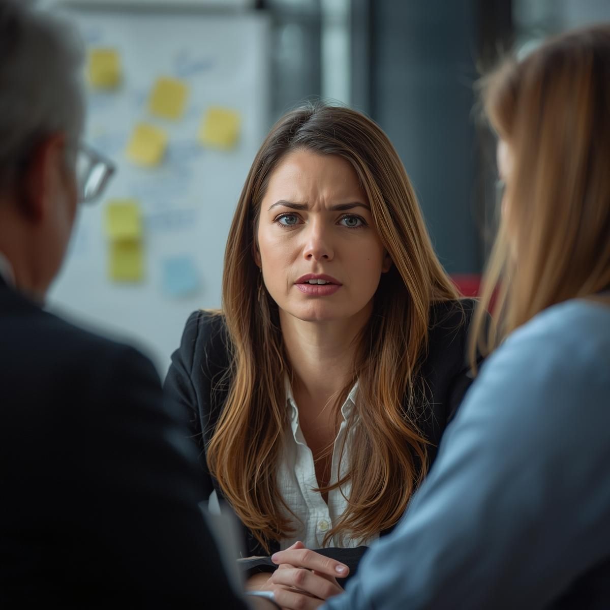 Three people in a meeting, with a focused woman speaking at the center and sticky notes on the wall behind them.