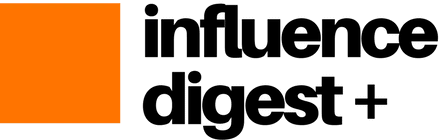 Orange square beside black “influence digest +” logo on a white background