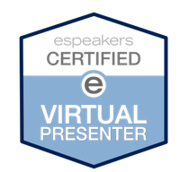 ESpeakers Certified Virtual Presenter badge in blue and gray with shield outline