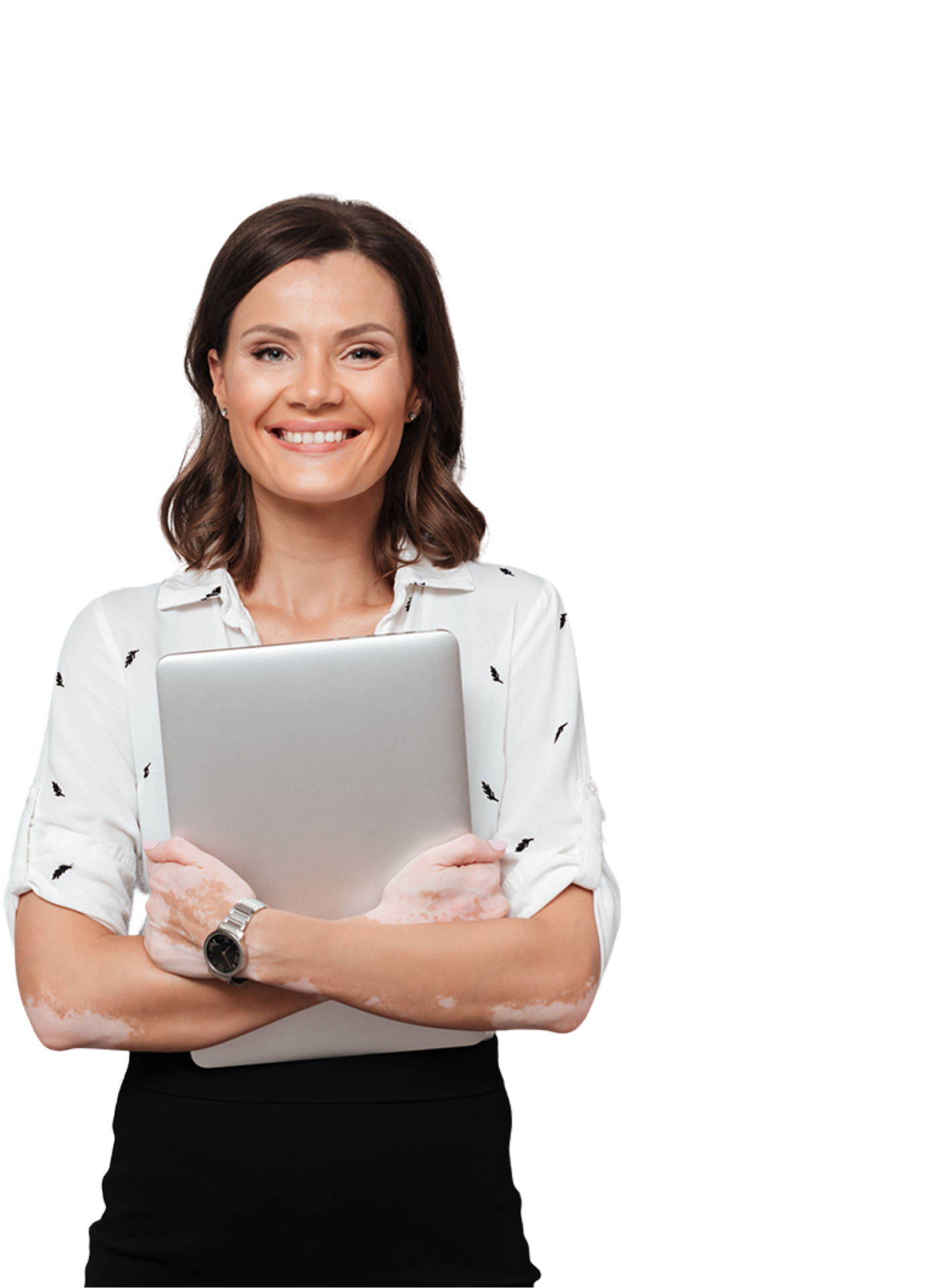 Smiling person holding a laptop, standing against a white background.