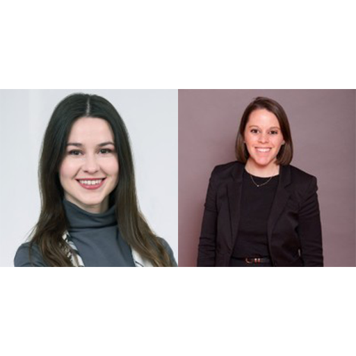 Two side-by-side portrait photos of smiling people against plain backgrounds