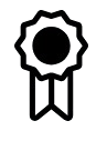Black award ribbon or badge icon with a rosette and two hanging tails.
