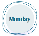 Monday in blue text inside overlapping teal and purple circular rings on a white background