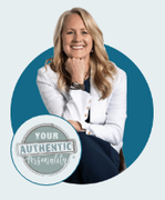 Smiling woman in a white jacket beside a circular logo reading “Your Authenticity Unleashed”