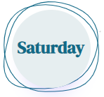 Saturday in blue text inside a light gray oval with a teal hand-drawn border