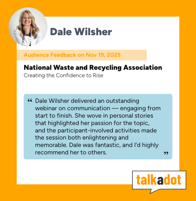 Quote card on orange background with Dale Wilsher testimonial for National Waste and Recycling Association and Talkadot logo