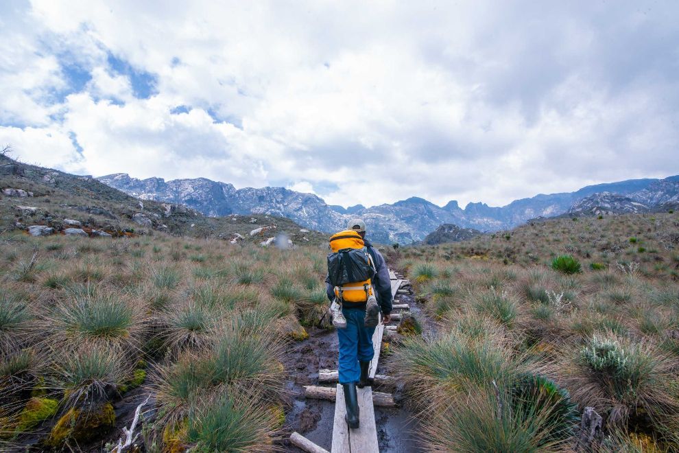Hiker with yellow backpack walking on a trail through grassy mountains under cloudy sky