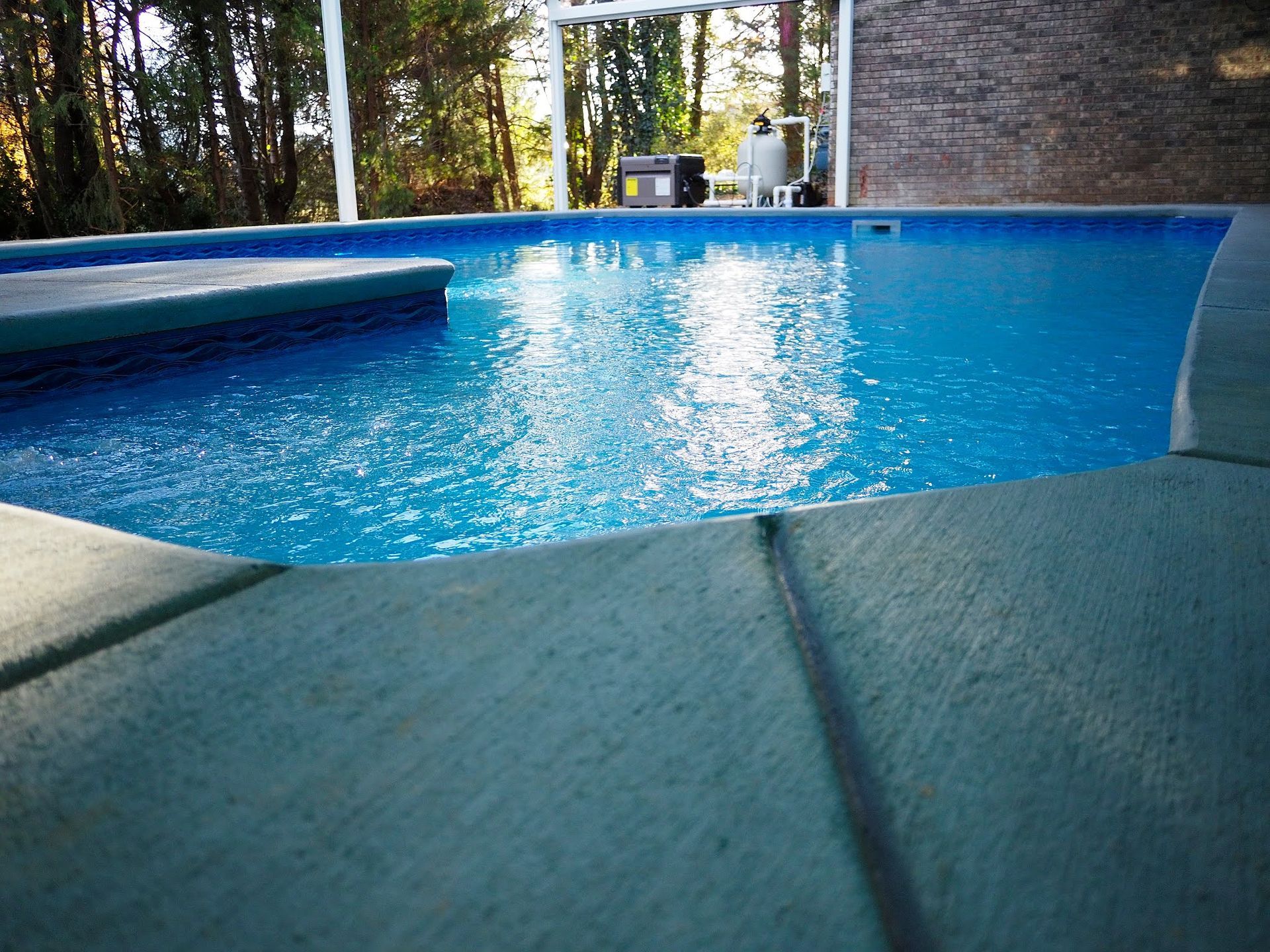 Blue swimming pool with curved edge and sunlit water outdoors among trees