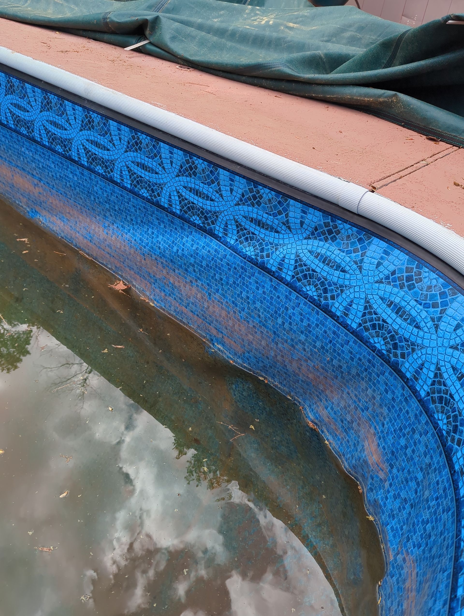 Blue pool liner with snowflake pattern beside water and a pink pool edge
