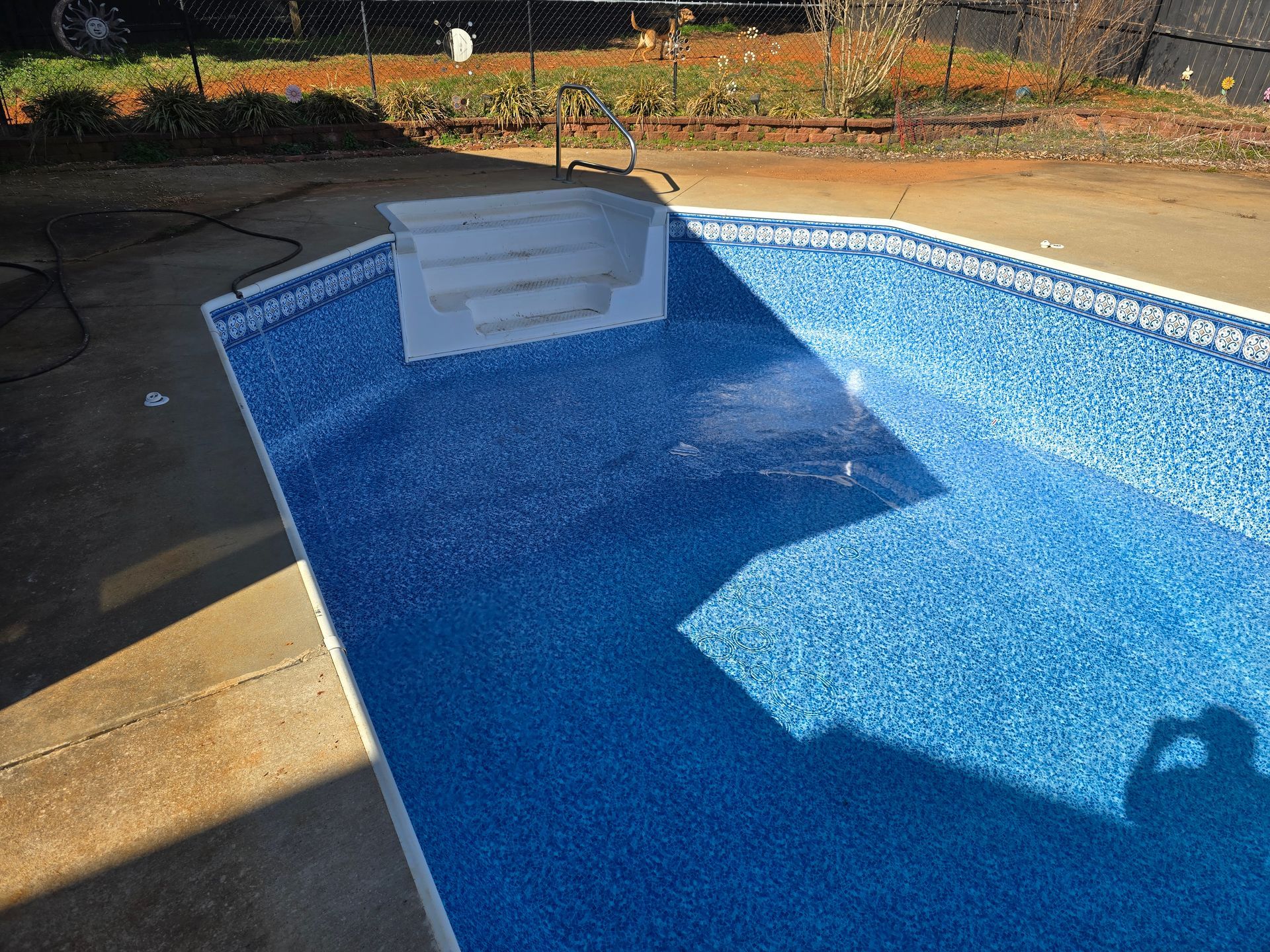 Empty backyard swimming pool with blue tile and a small white bench in sunlight and shadow