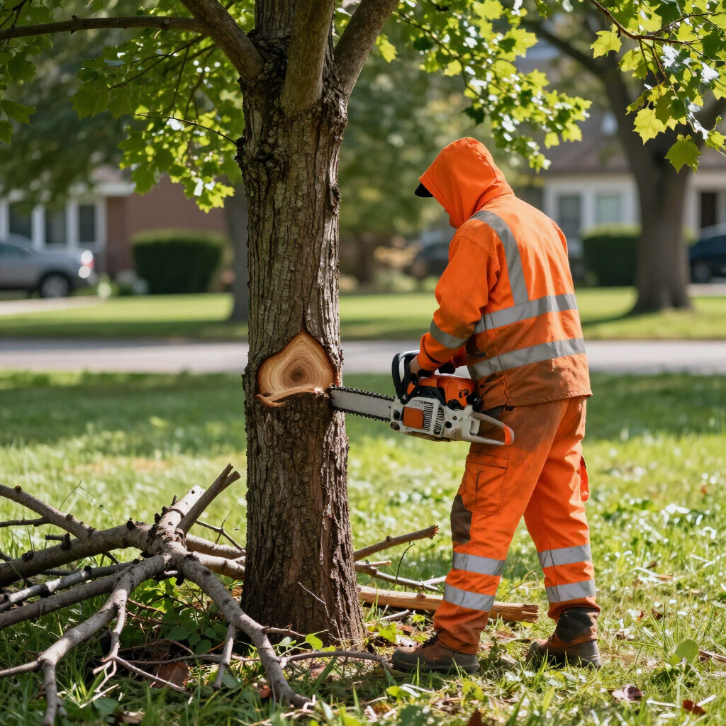 Worker in orange safety gear using a chainsaw to cut a tree trunk in a suburban yard.