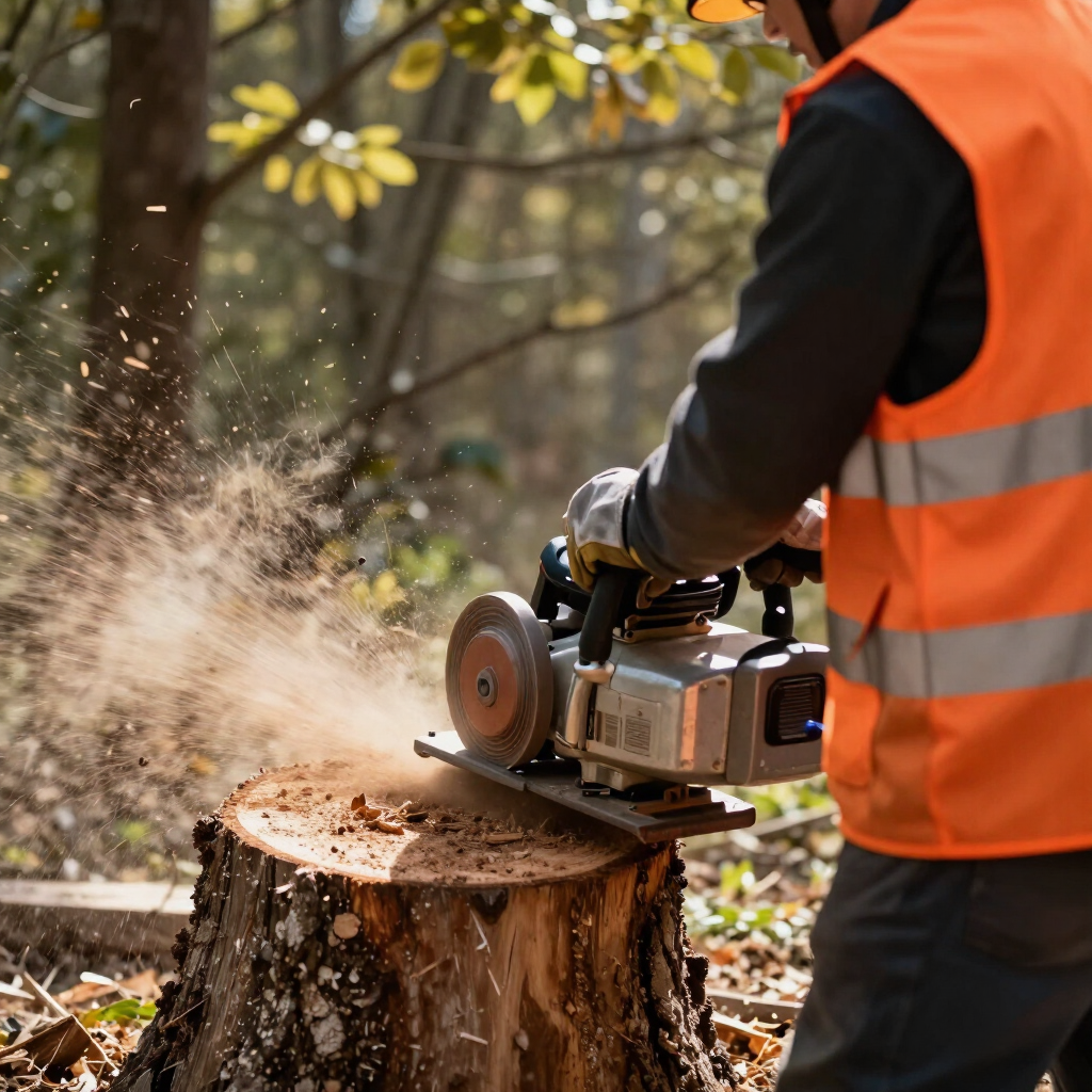 Worker in orange safety vest cutting a tree stump with a chainsaw, sawdust flying in a wooded area