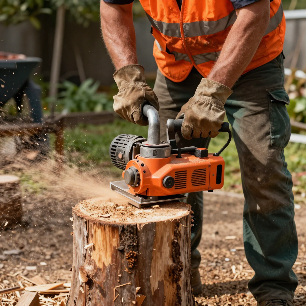 Worker using an orange chainsaw to cut a tree stump outdoors