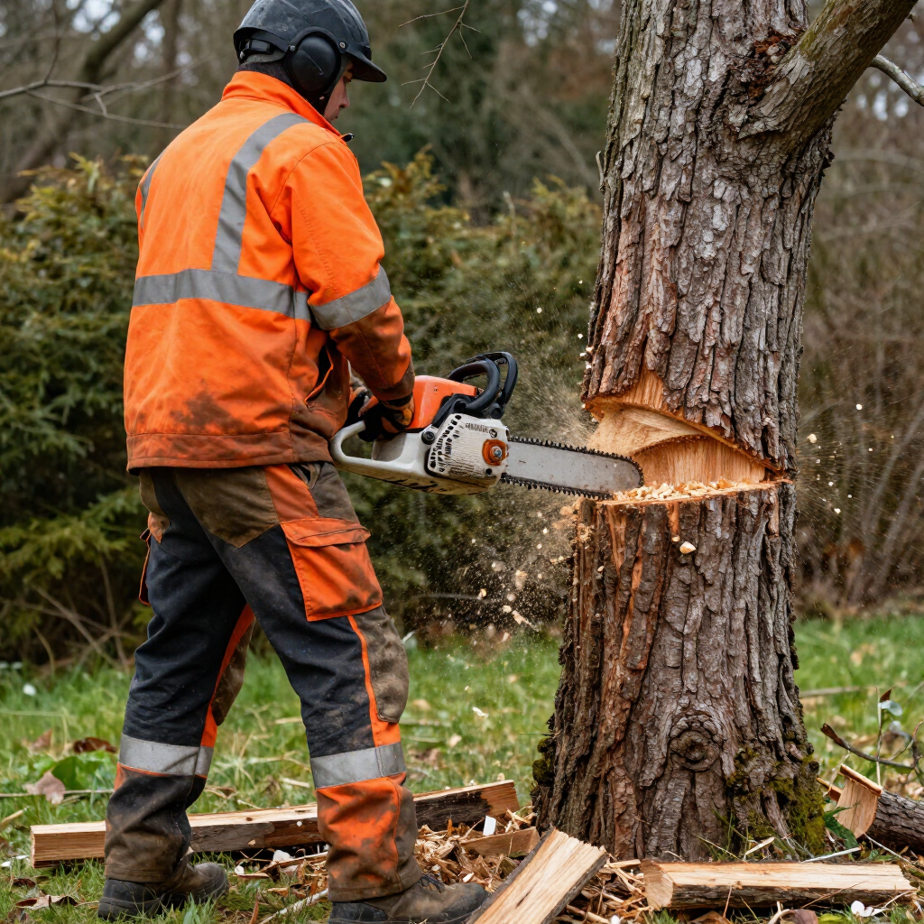 Worker in orange safety gear cutting a tree with a chainsaw, wood chips flying.