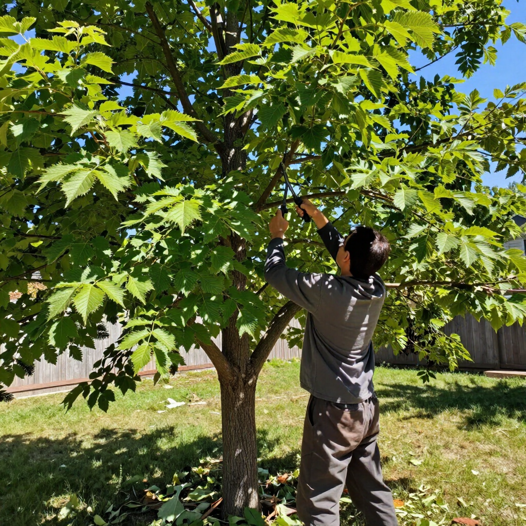 Person pruning a leafy tree in a sunny backyard