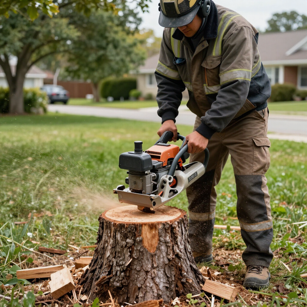 Worker using a chainsaw to cut a tree stump in a suburban yard