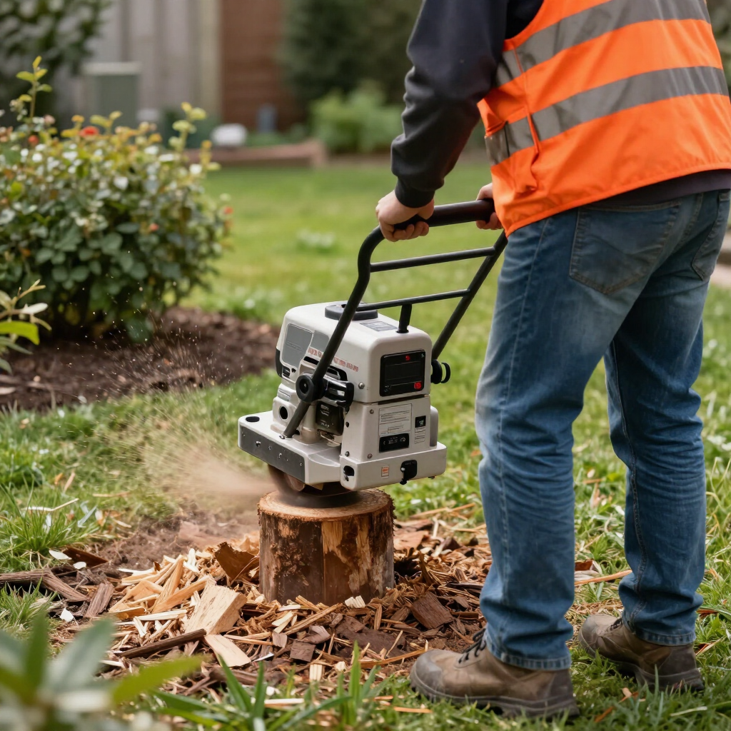 Worker in orange safety vest operating a chainsaw on a tree stump in a yard