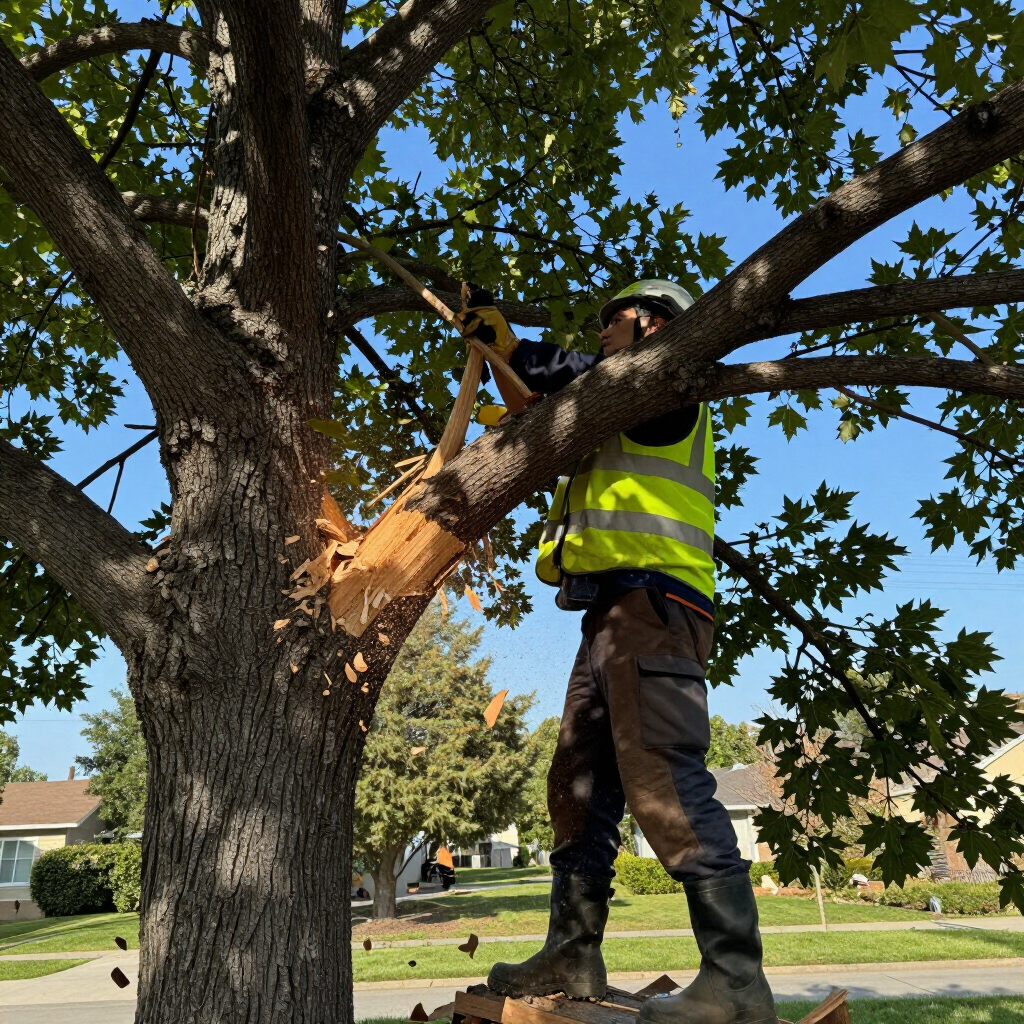 Worker in neon safety vest trimming a large tree with a chainsaw in a suburban yard