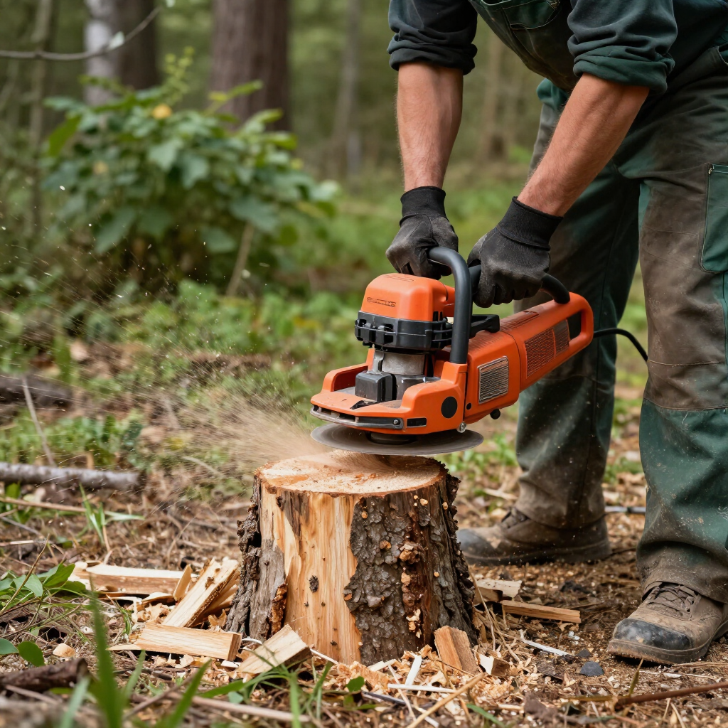 Person using an orange chainsaw to cut a tree stump in a wooded area