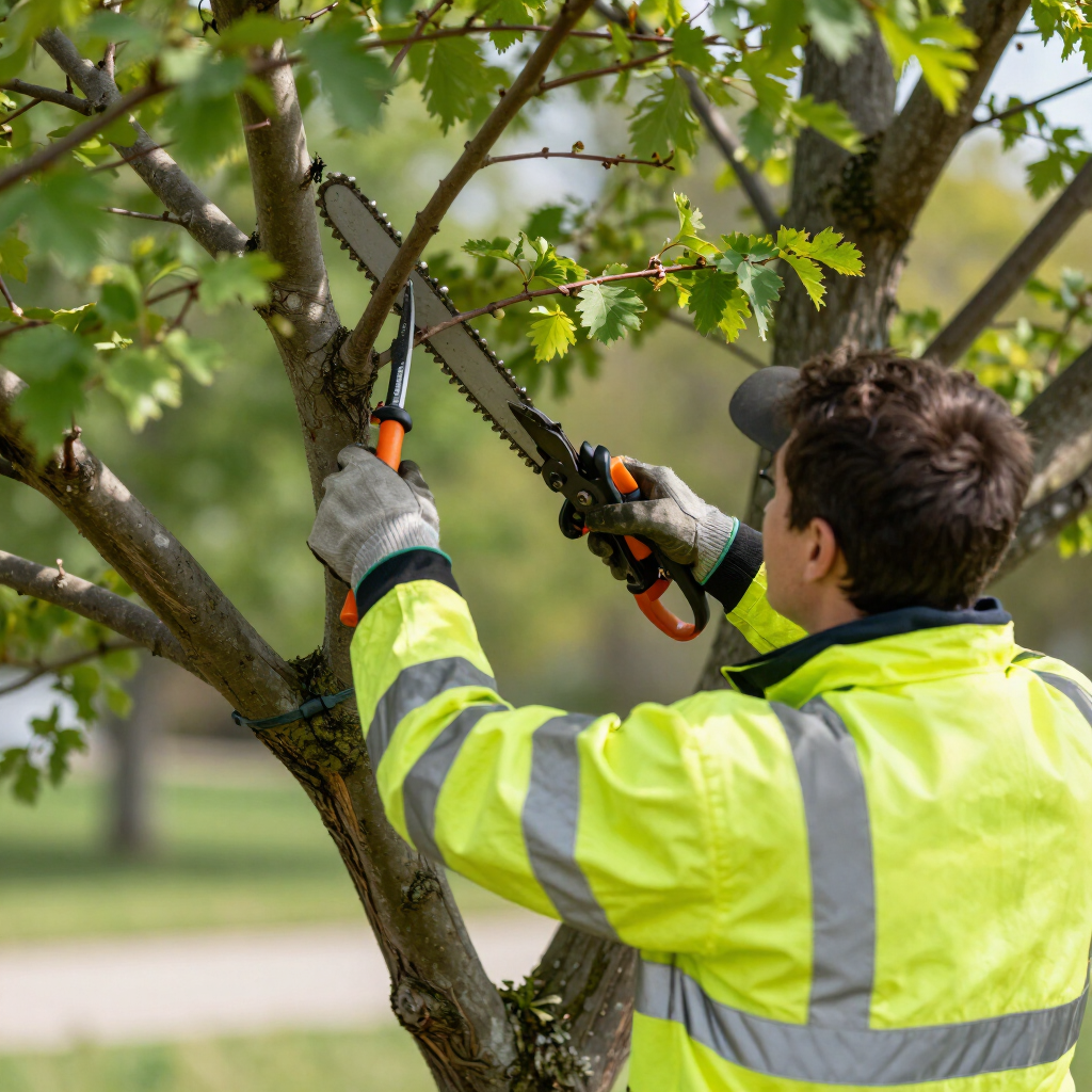 Worker in a neon jacket pruning tree branches with a handsaw outdoors