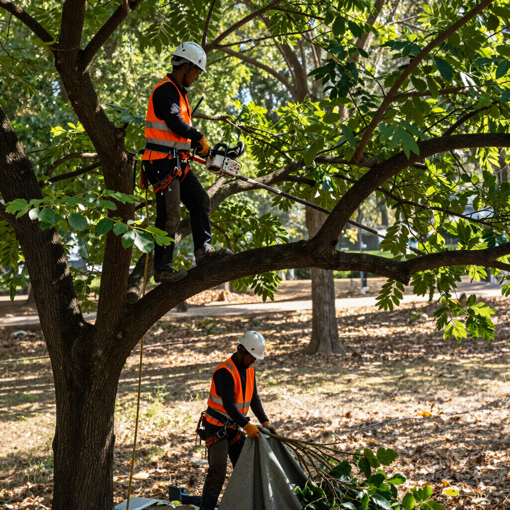 Two arborists in orange vests and helmets pruning a tree in a wooded park