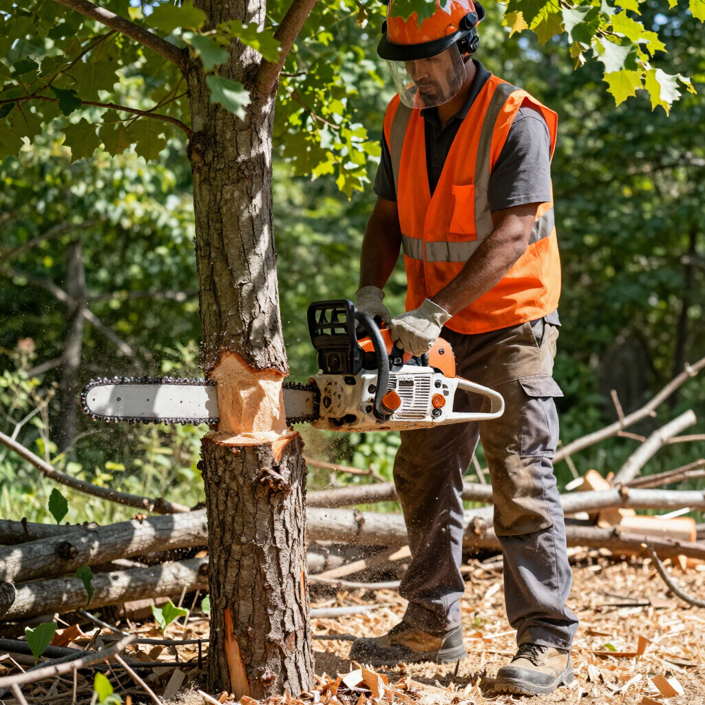 Arborist in orange safety vest and helmet cutting a tree trunk with a chainsaw outdoors