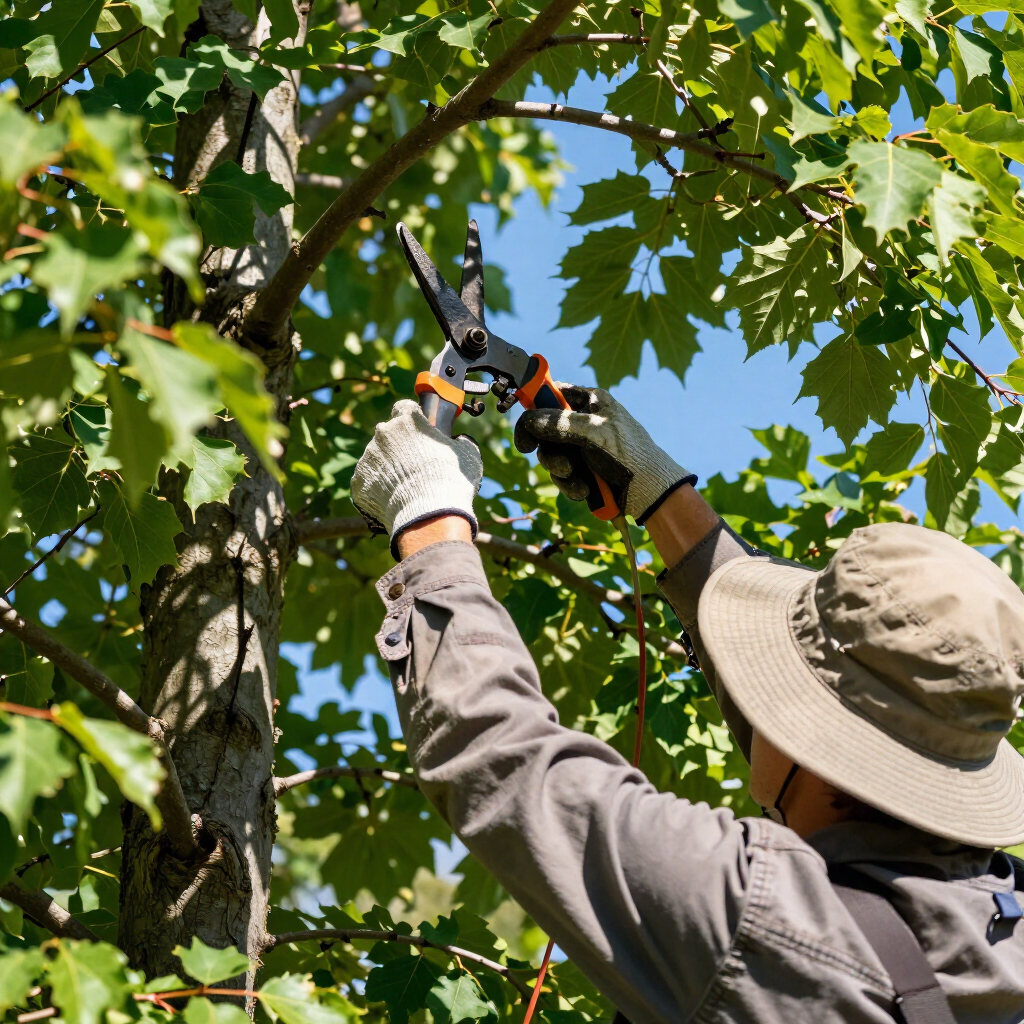 Person pruning tree branches with loppers while wearing a hat and gloves under green leaves