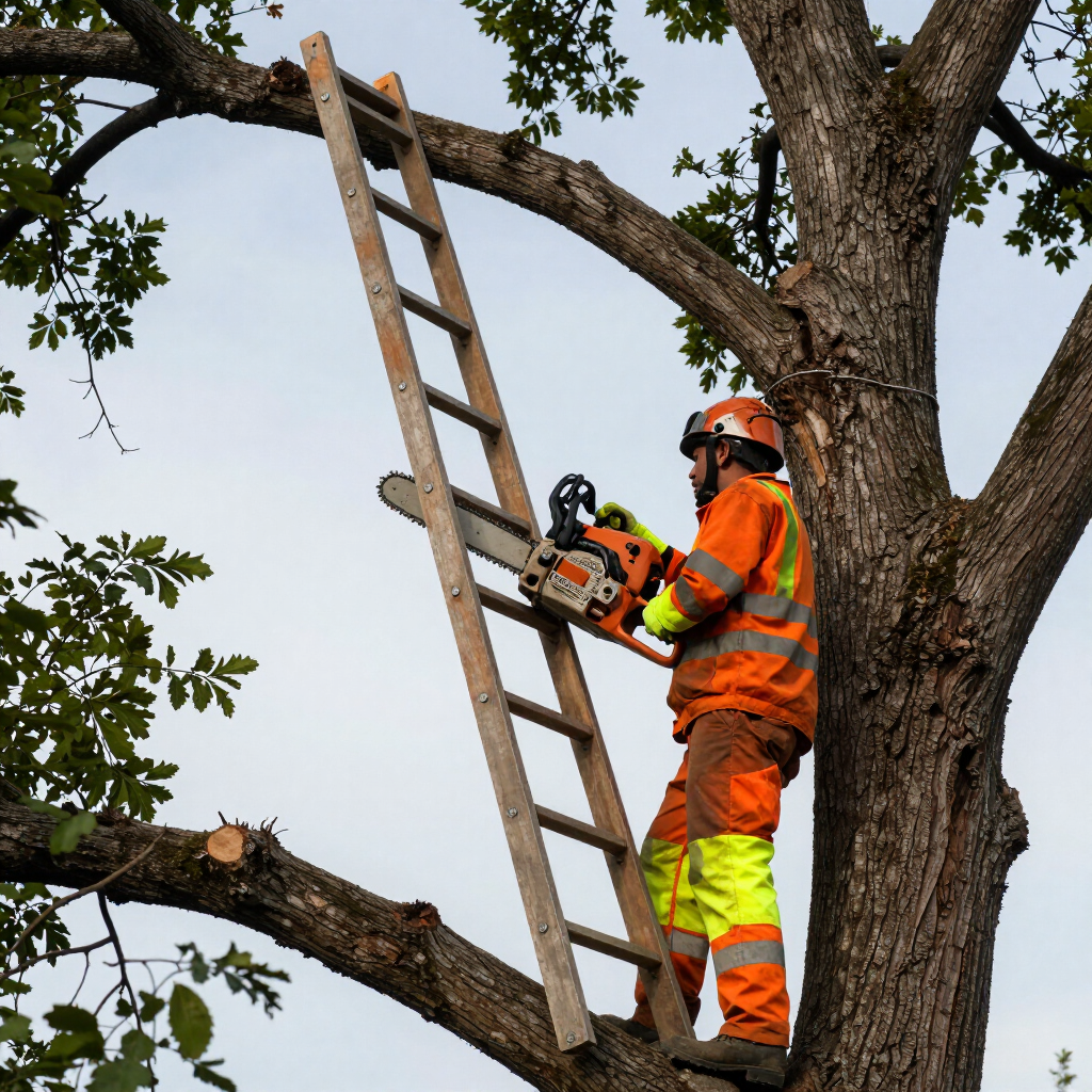 Worker in bright orange safety gear using a chainsaw on a ladder to trim a tree branch