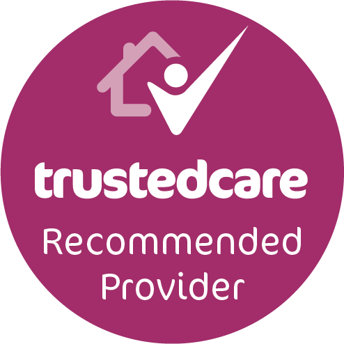 TrustedCare Recommended Provider badge in purple with white text and house-check icon