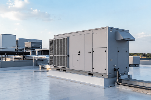 Large rooftop HVAC unit on a flat industrial roof under a clear sky