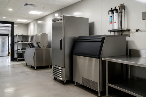 Commercial kitchen with stainless steel appliances and counters in a clean, empty room