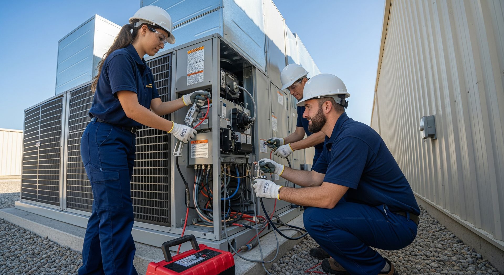 Technicians inspecting and repairing outdoor HVAC equipment near a building