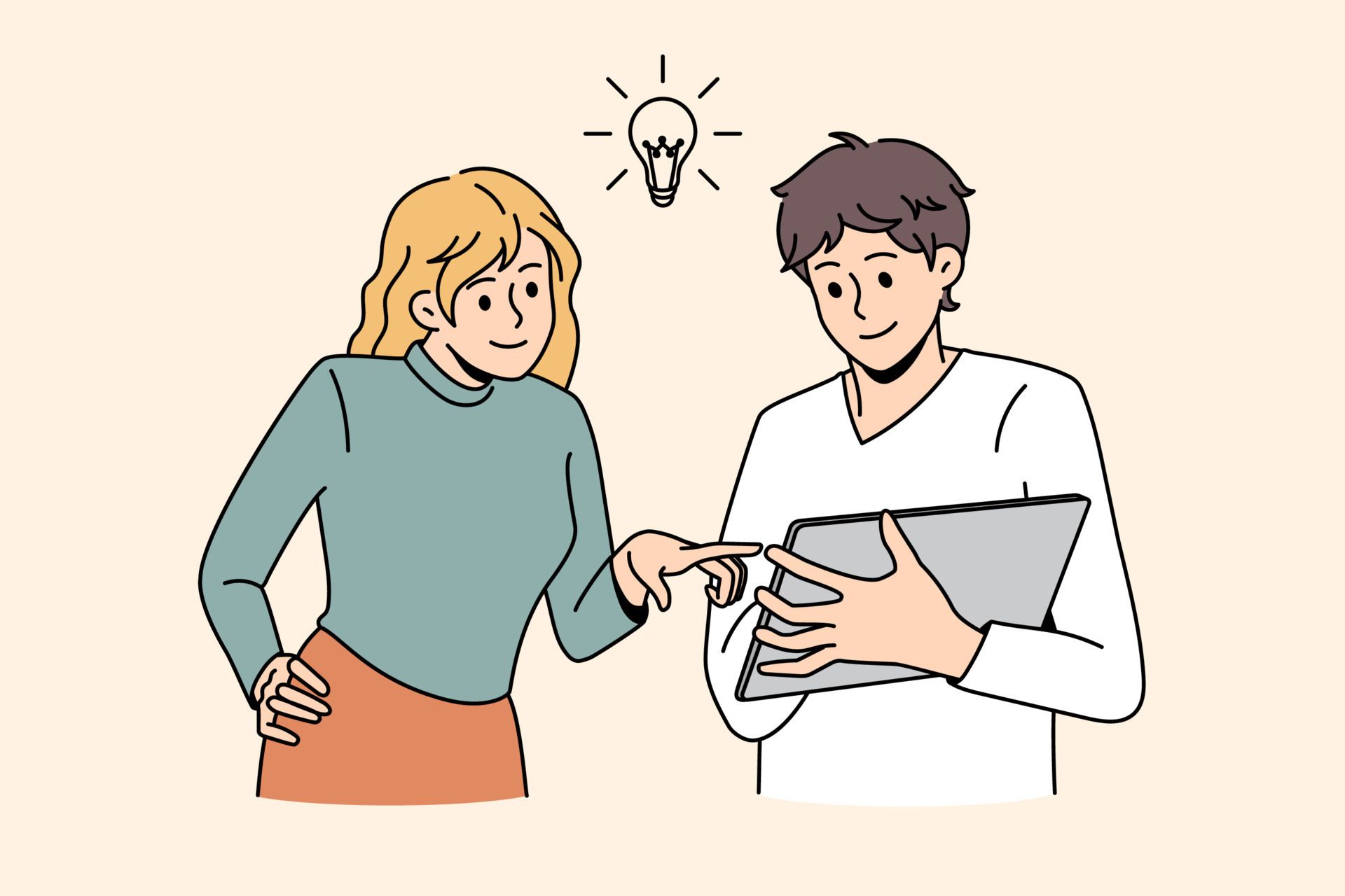 A man and a woman looking at a tablet evaluating option options for memory care