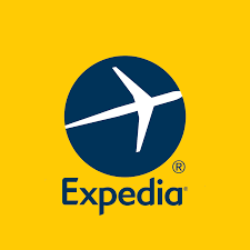 Expedia logo: White airplane in blue circle on yellow background. 