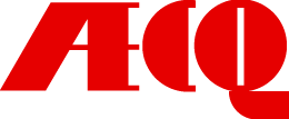 Le logo rouge stylisé « AEQ » comporte un A incliné, un E semi-circulaire et un Q circulaire avec une ligne verticale blanche.