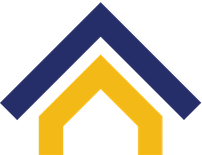 Une icône de maison stylisée avec une base jaune soulignée et un toit bleu épais sur le dessus.