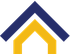 Une icône minimaliste et géométrique représentant le contour d'une maison jaune nichée sous un toit triangulaire bleu marine plus grand.