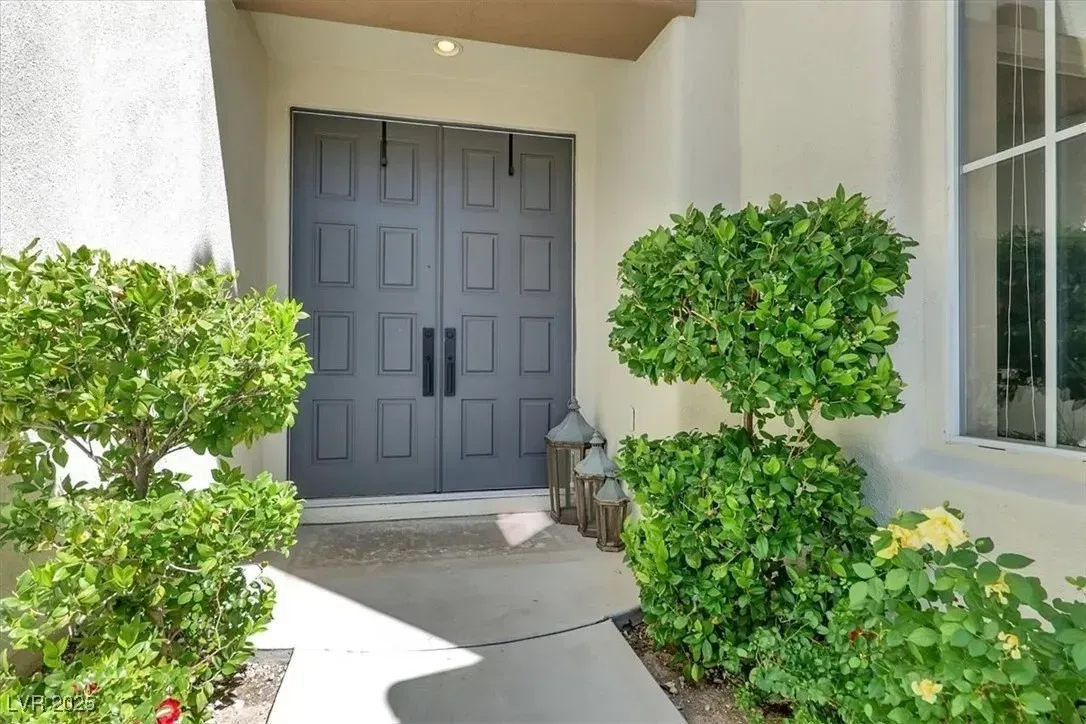 Front porch with gray double doors, potted greenery, and a concrete walkway.