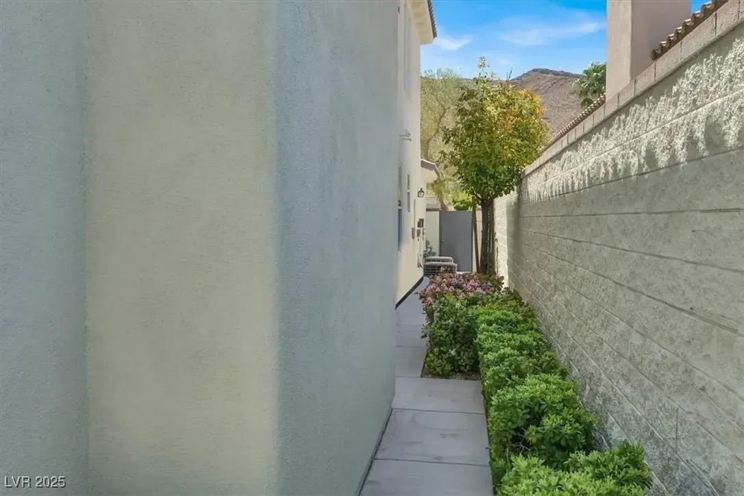 Narrow outdoor walkway between stucco walls with a hedge and a tree in the distance