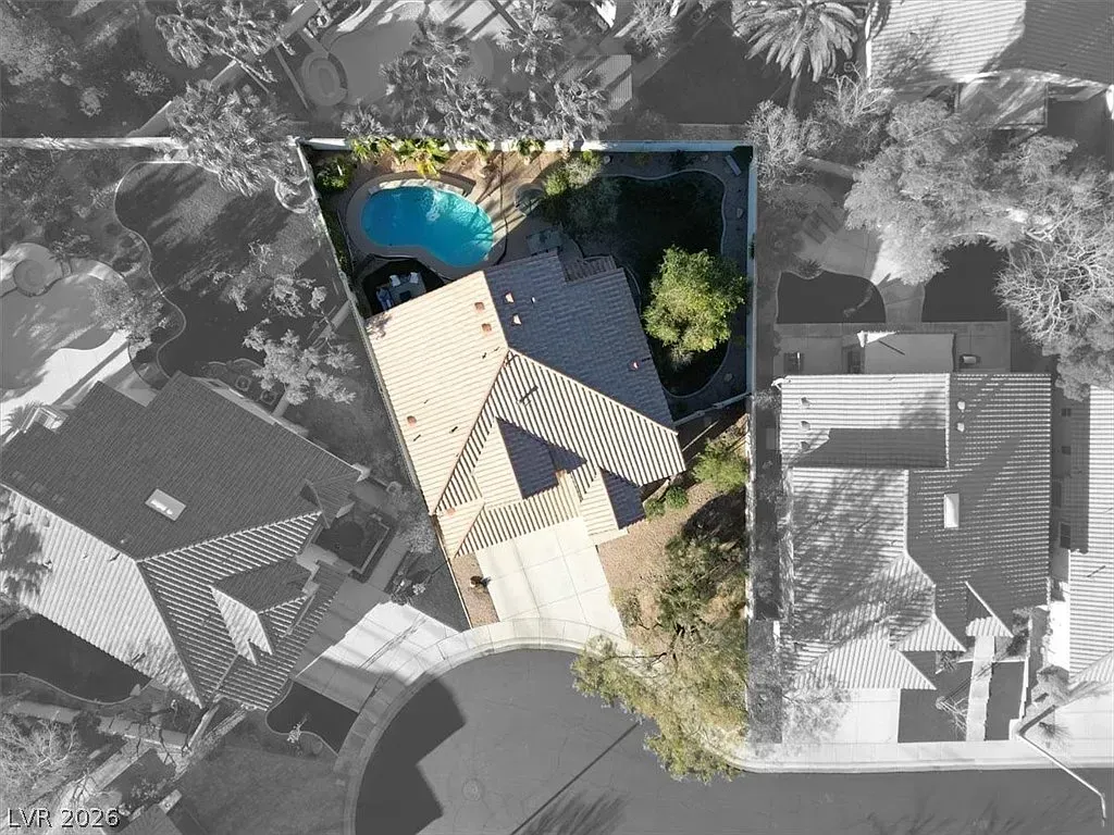 Aerial view of a house with a pool and trees, surrounded by grayscale neighboring homes.