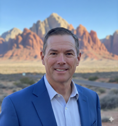 Man in blue blazer smiling outdoors with red rock mountains in the background