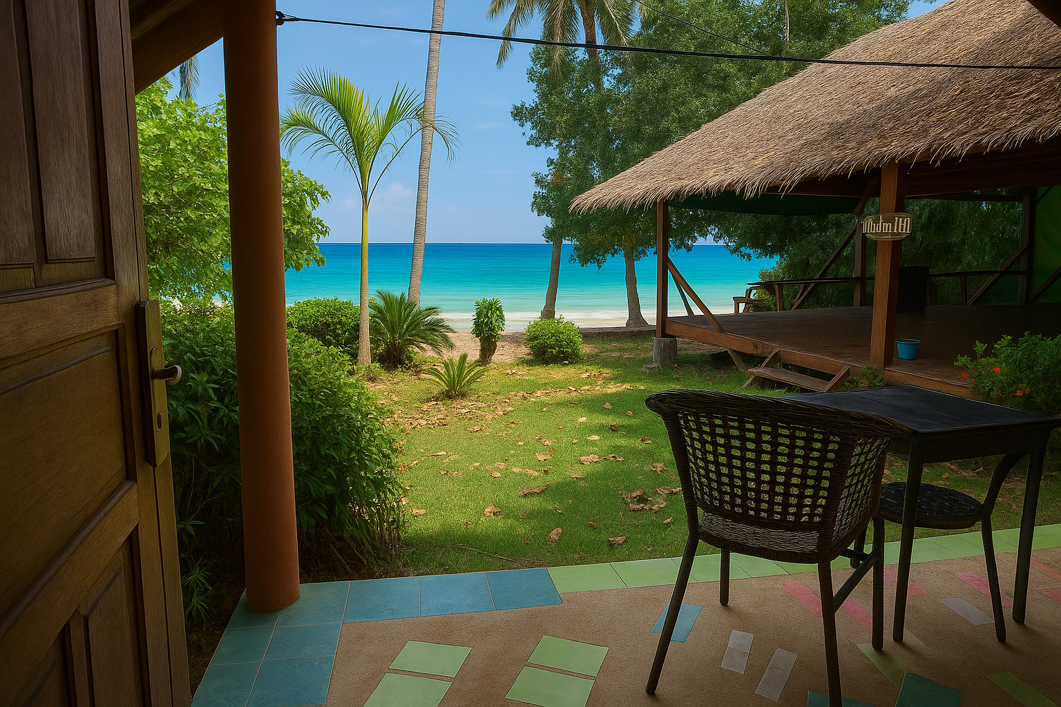 Beachfront patio with chair, thatched hut, palm trees, and turquoise ocean view