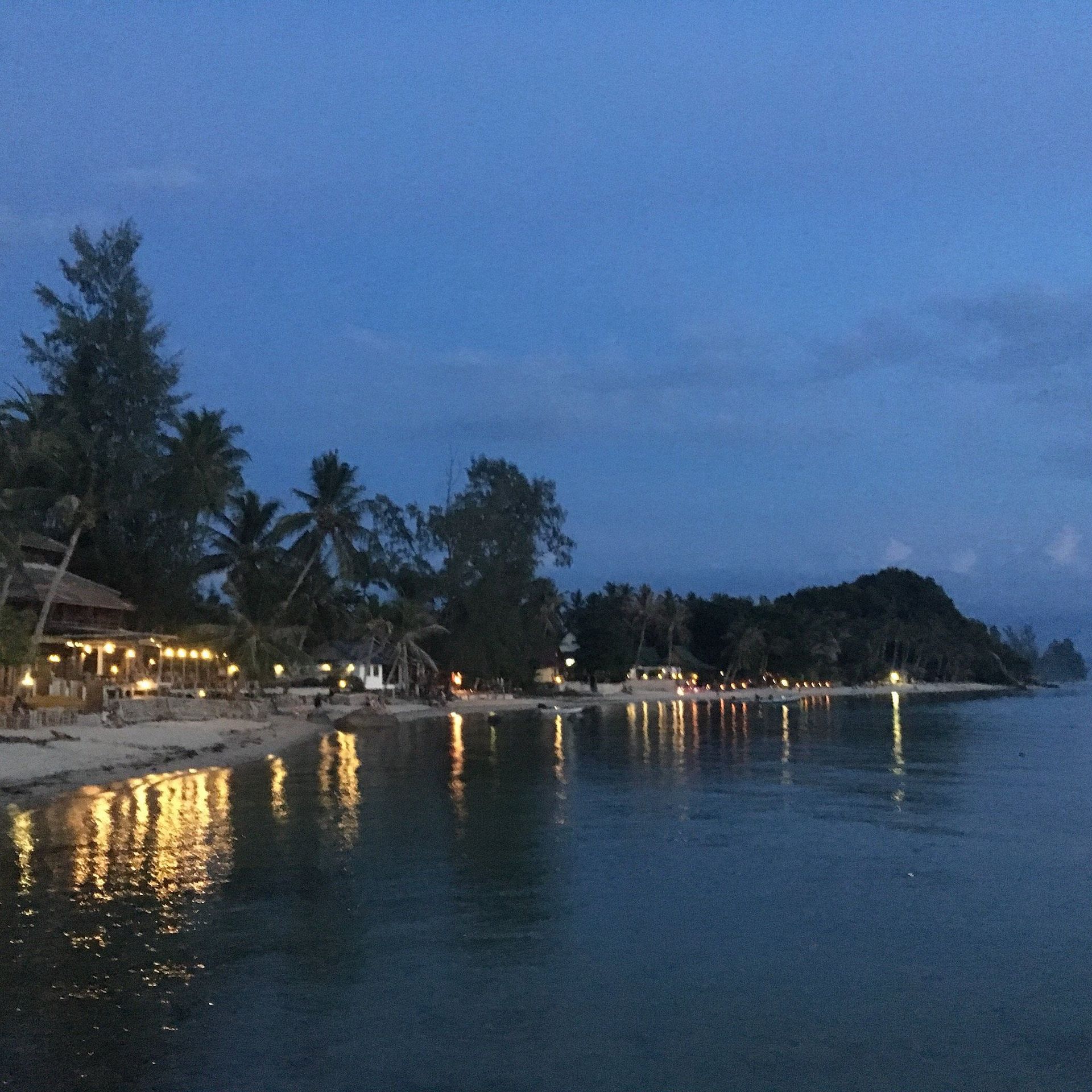 Twilight beach with palm trees, lit shoreline huts, and calm water reflecting lights
